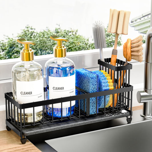 Cisily Sponge Holder for Kitchen Sink, Sink Caddy Organizer with High Brush Holder, Kitchen Countertop Organizers and Storage Essentials, Rustproof 304 Stainless Steel (Black, 9.25″)