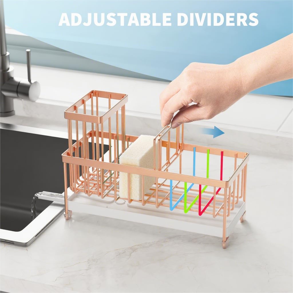 Cisily Sponge Holder for Kitchen Sink, Sink Caddy Organizer with High Brush Holder, Kitchen Countertop Organizers and Storage Essentials, Rustproof 304 Stainless Steel (Black, 9.25″)