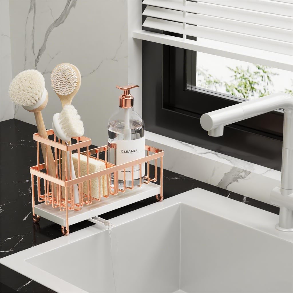 Cisily Sponge Holder for Kitchen Sink, Sink Caddy Organizer with High Brush Holder, Kitchen Countertop Organizers and Storage Essentials, Rustproof 304 Stainless Steel (Black, 9.25″)
