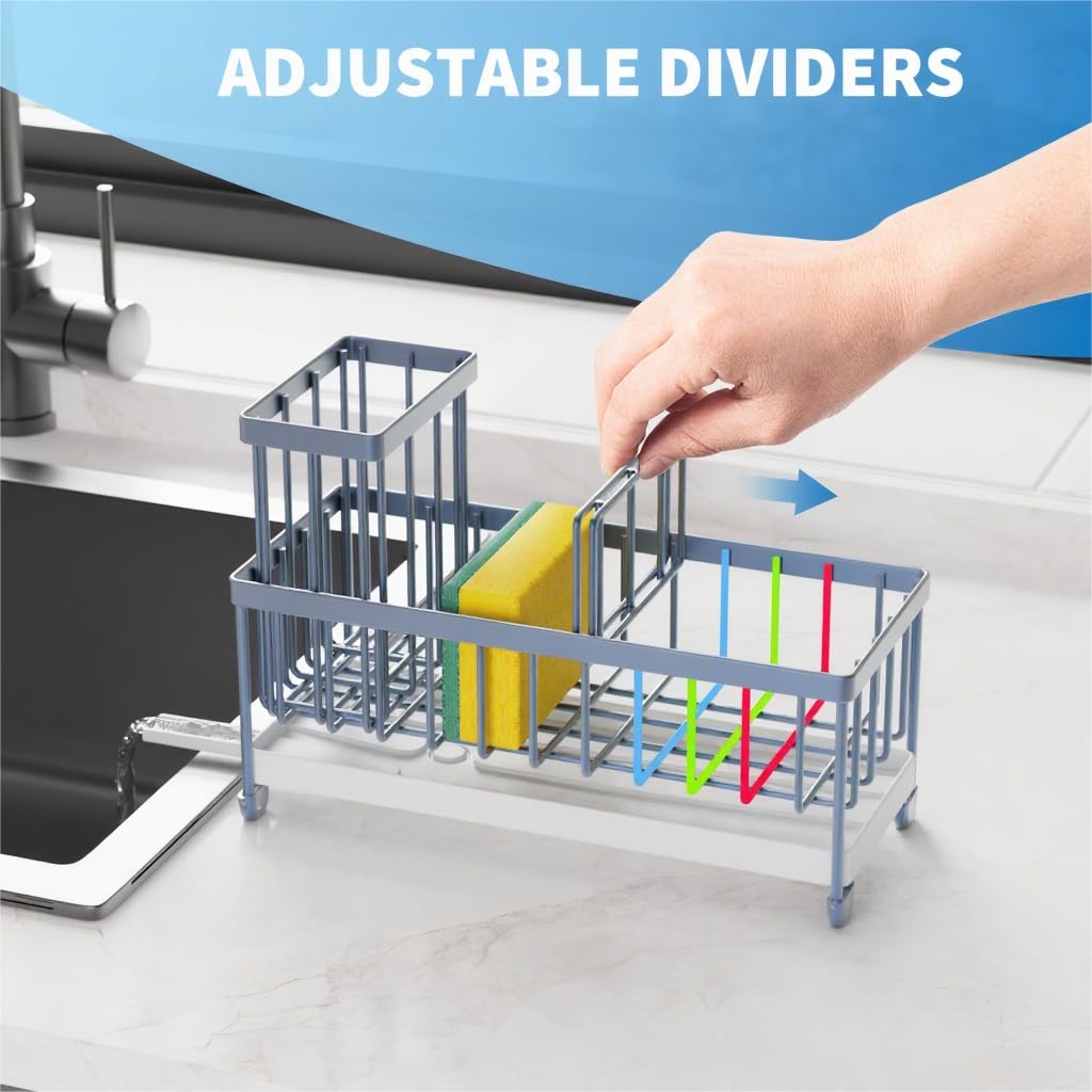 Cisily Sponge Holder for Kitchen Sink, Sink Caddy Organizer with High Brush Holder, Kitchen Countertop Organizers and Storage Essentials, Rustproof 304 Stainless Steel (Black, 9.25″)