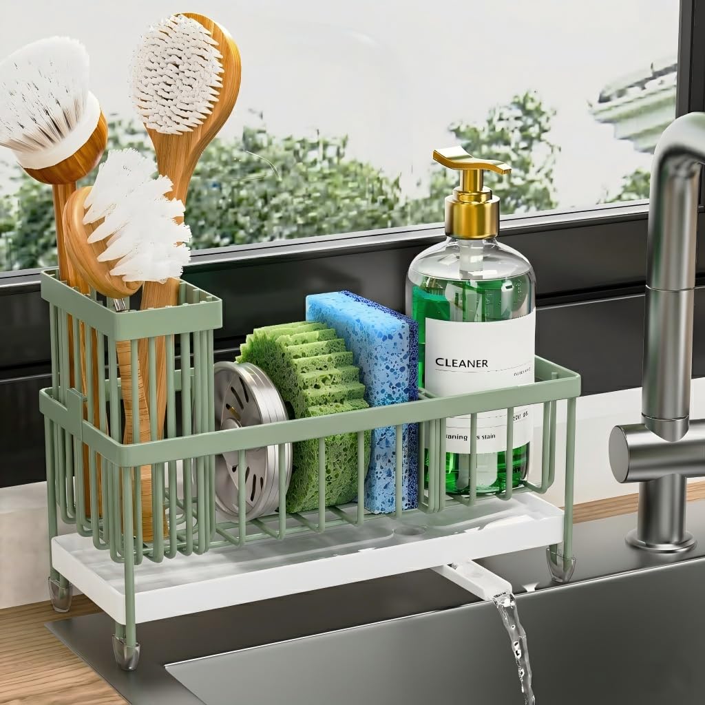 Cisily Sponge Holder for Kitchen Sink, Sink Caddy Organizer with High Brush Holder, Kitchen Countertop Organizers and Storage Essentials, Rustproof 304 Stainless Steel (Black, 9.25″)