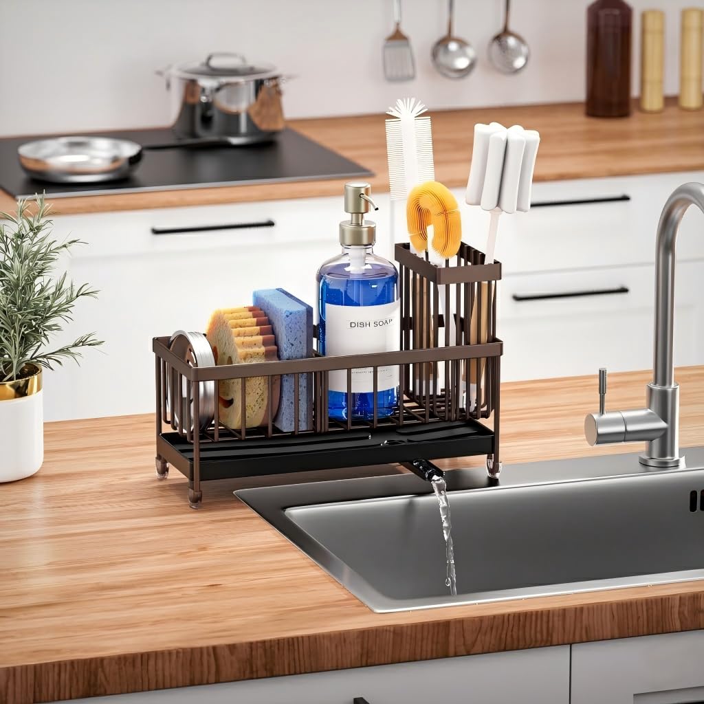 Cisily Sponge Holder for Kitchen Sink, Sink Caddy Organizer with High Brush Holder, Kitchen Countertop Organizers and Storage Essentials, Rustproof 304 Stainless Steel (Black, 9.25″)
