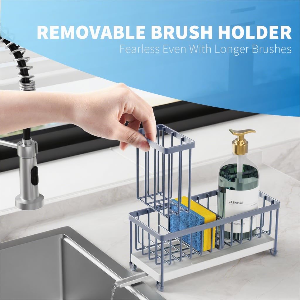 Cisily Sponge Holder for Kitchen Sink, Sink Caddy Organizer with High Brush Holder, Kitchen Countertop Organizers and Storage Essentials, Rustproof 304 Stainless Steel (Black, 9.25″)