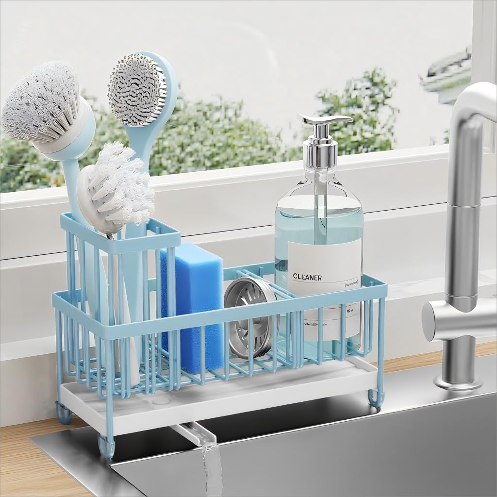 Cisily Sponge Holder for Kitchen Sink, Sink Caddy Organizer with High Brush Holder, Kitchen Countertop Organizers and Storage Essentials, Rustproof 304 Stainless Steel (Black, 9.25″)