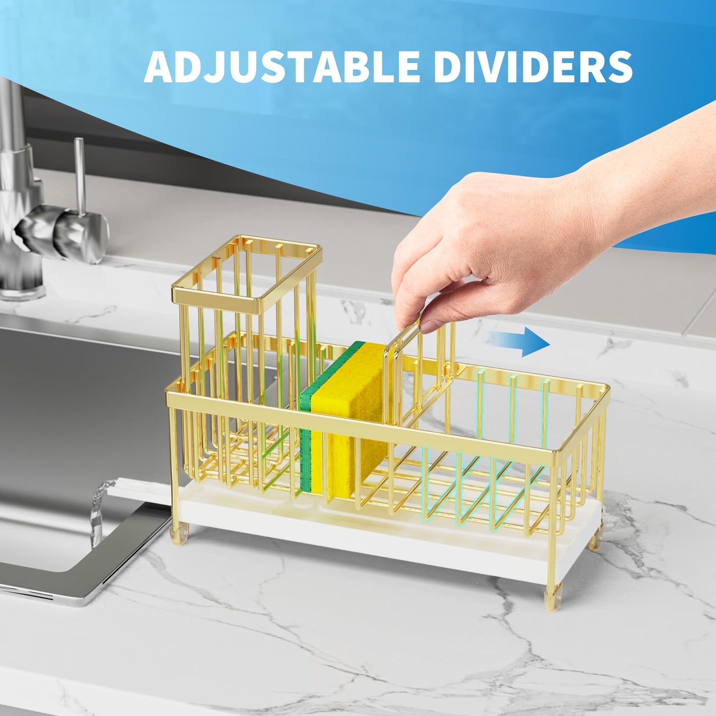 Cisily Sponge Holder for Kitchen Sink, Sink Caddy Organizer with High Brush Holder, Kitchen Countertop Organizers and Storage Essentials, Rustproof 304 Stainless Steel (Black, 9.25″)