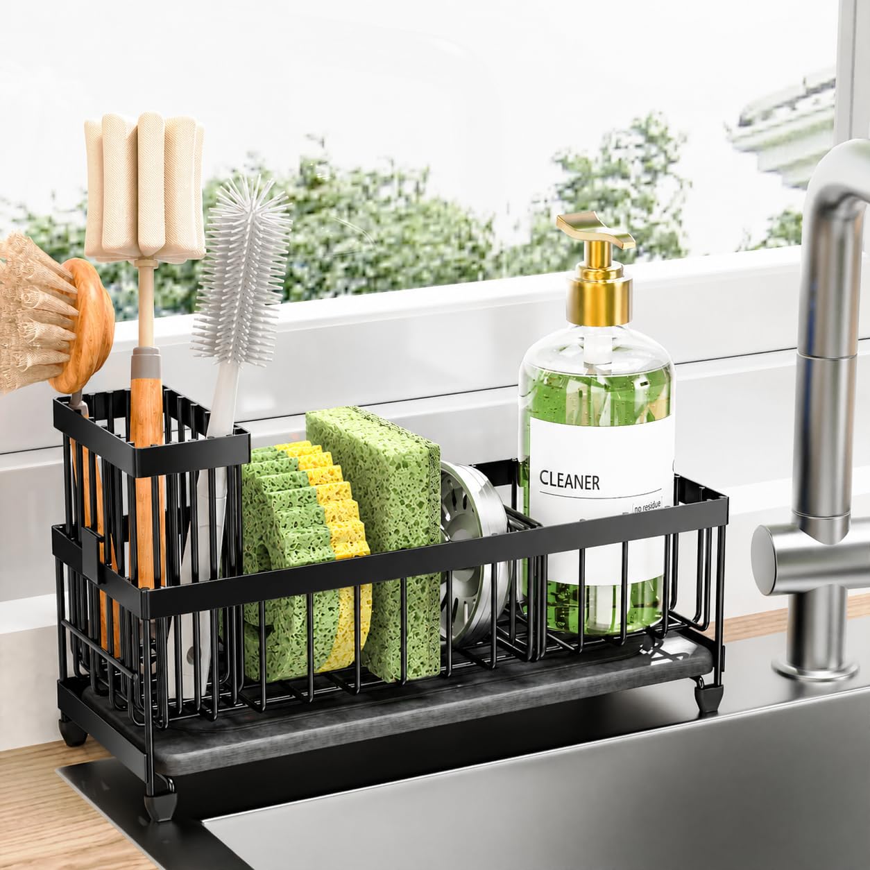 Cisily Sponge Holder for Kitchen Sink, Sink Caddy Organizer with High Brush Holder, Kitchen Countertop Organizers and Storage Essentials, Rustproof 304 Stainless Steel (Black, 9.25″)