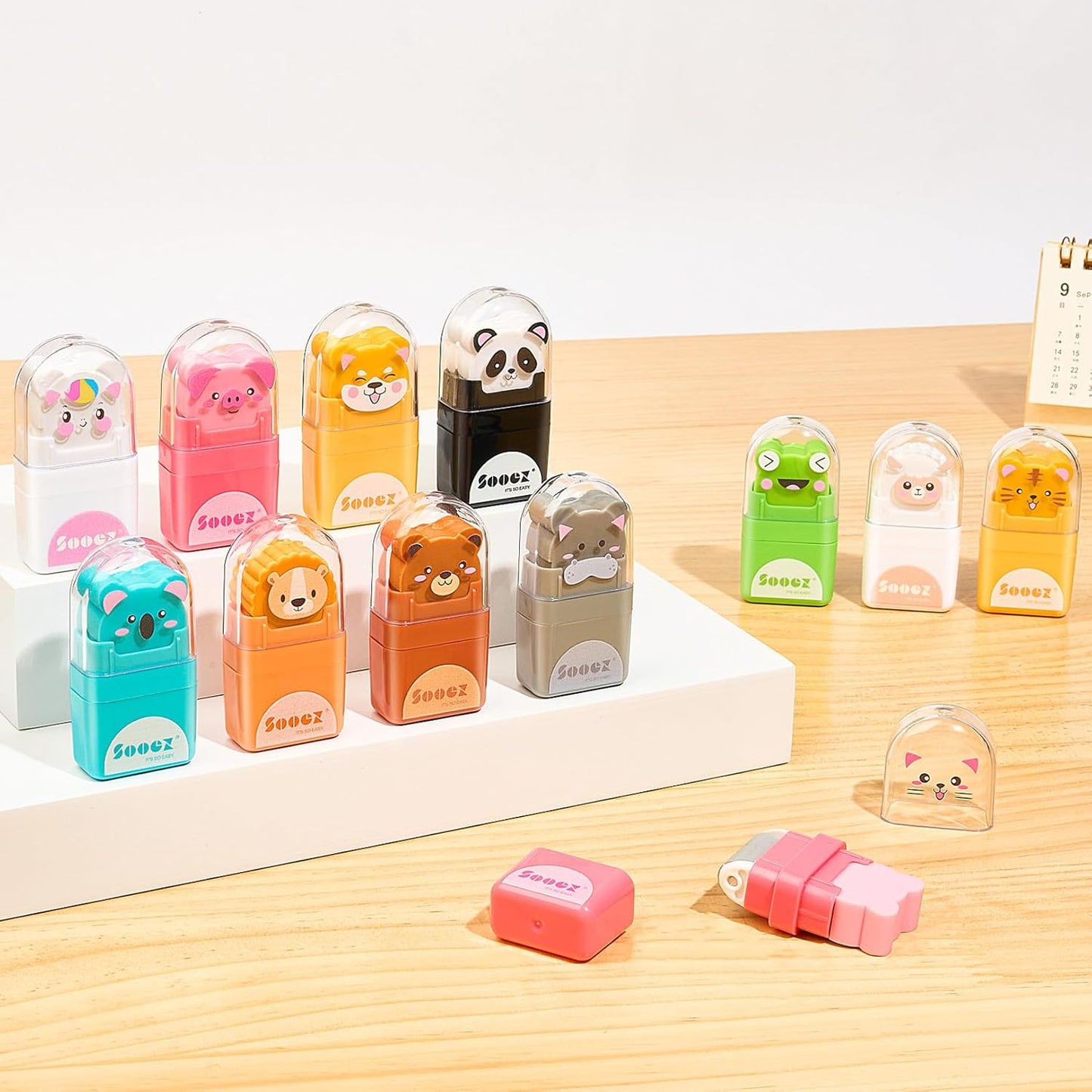 Sooez 12 Pack Pencil Erasers, Cute Animal Eraser with Clean up Roller and Cover, Latex-Free, Bulk Art Drawing Erasers for Students & Teacher Classroom/School Supplies, Party Favor