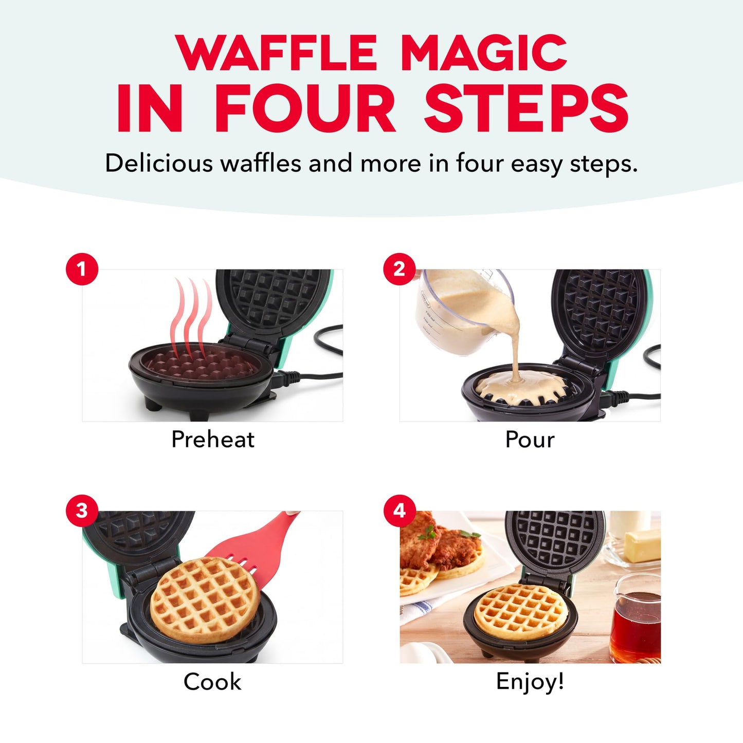 Dash Mini Waffle Maker, 4-Inch Ceramic Nonstick Cooking Surface, Aqua | Small Waffle Iron for Dorms & RVs, Chaffle Maker & Compact Waffle Machine, Mini Waffles for Kids & Families