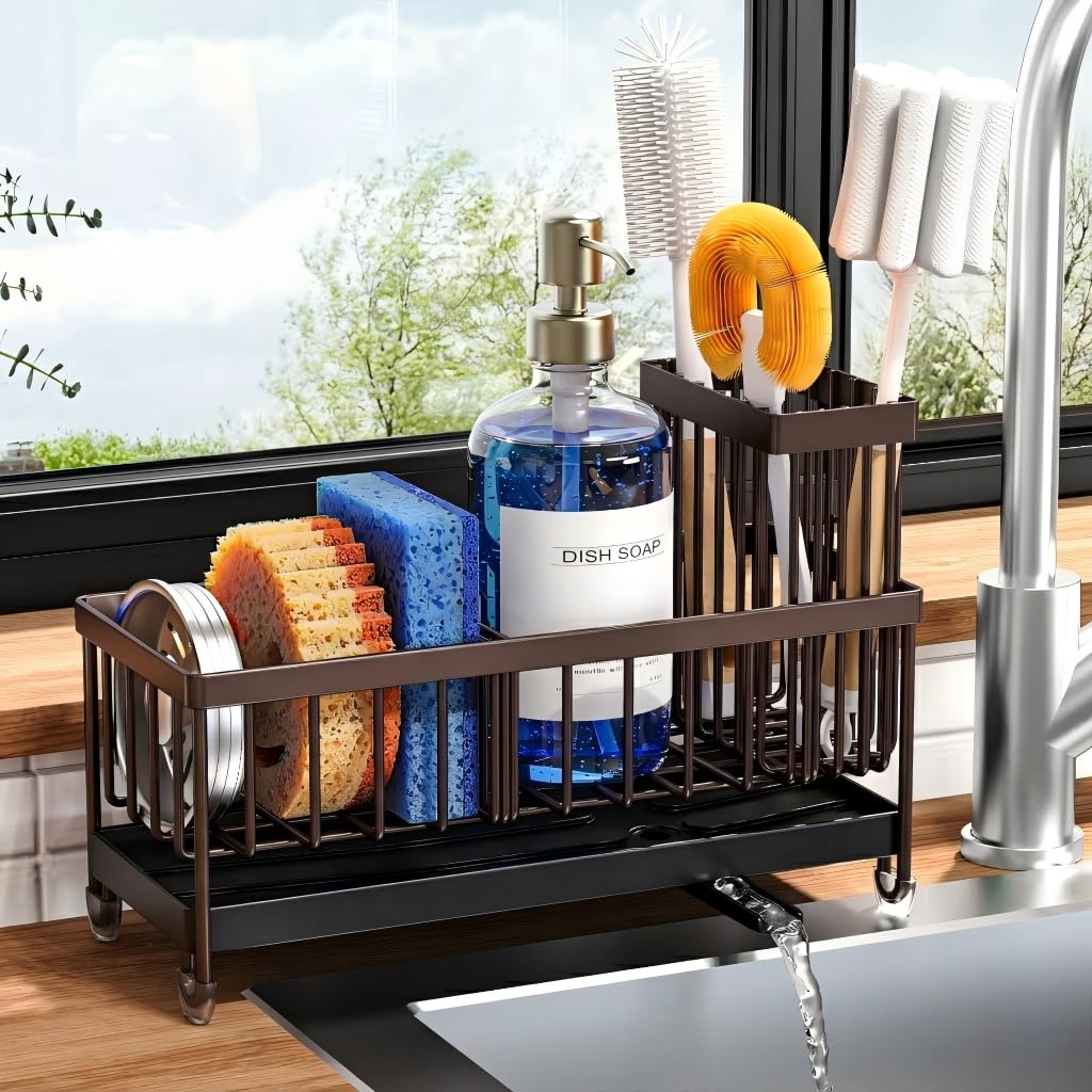 Cisily Sponge Holder for Kitchen Sink, Sink Caddy Organizer with High Brush Holder, Kitchen Countertop Organizers and Storage Essentials, Rustproof 304 Stainless Steel (Black, 9.25″)