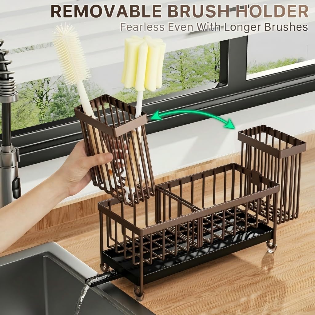 Cisily Sponge Holder for Kitchen Sink, Sink Caddy Organizer with High Brush Holder, Kitchen Countertop Organizers and Storage Essentials, Rustproof 304 Stainless Steel (Black, 9.25″)