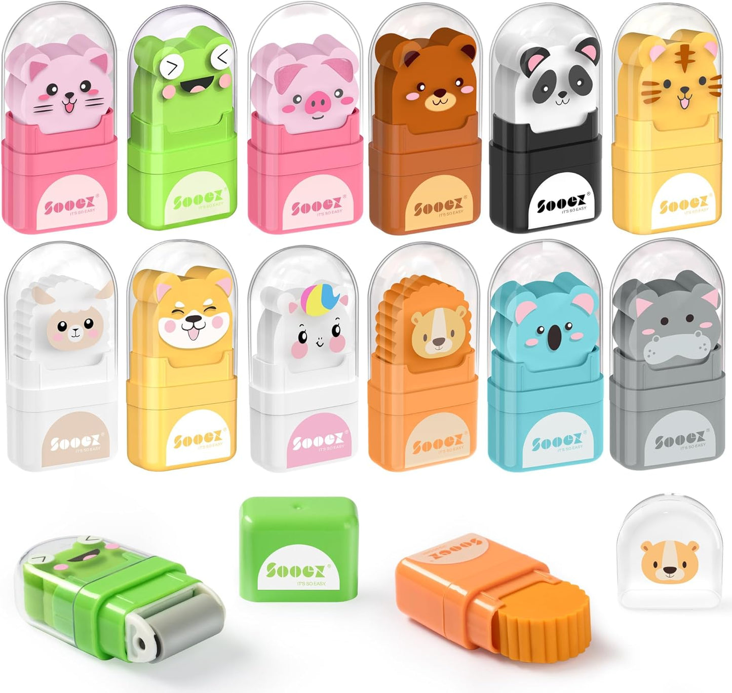 Sooez 12 Pack Pencil Erasers, Cute Animal Eraser with Clean up Roller and Cover, Latex-Free, Bulk Art Drawing Erasers for Students & Teacher Classroom/School Supplies, Party Favor