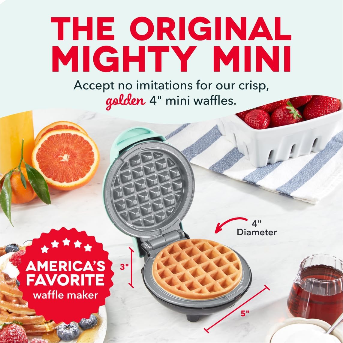 Dash Mini Waffle Maker, 4-Inch Ceramic Nonstick Cooking Surface, Aqua | Small Waffle Iron for Dorms & RVs, Chaffle Maker & Compact Waffle Machine, Mini Waffles for Kids & Families