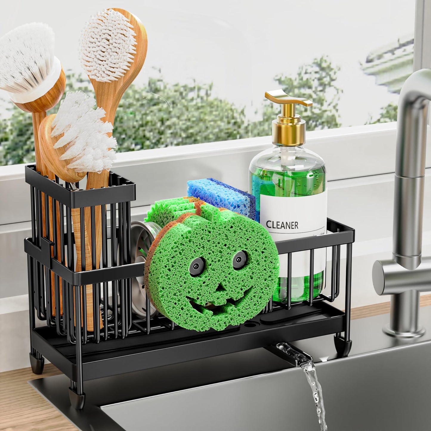 Cisily Sponge Holder for Kitchen Sink, Sink Caddy Organizer with High Brush Holder, Kitchen Countertop Organizers and Storage Essentials, Rustproof 304 Stainless Steel (Black, 9.25″)