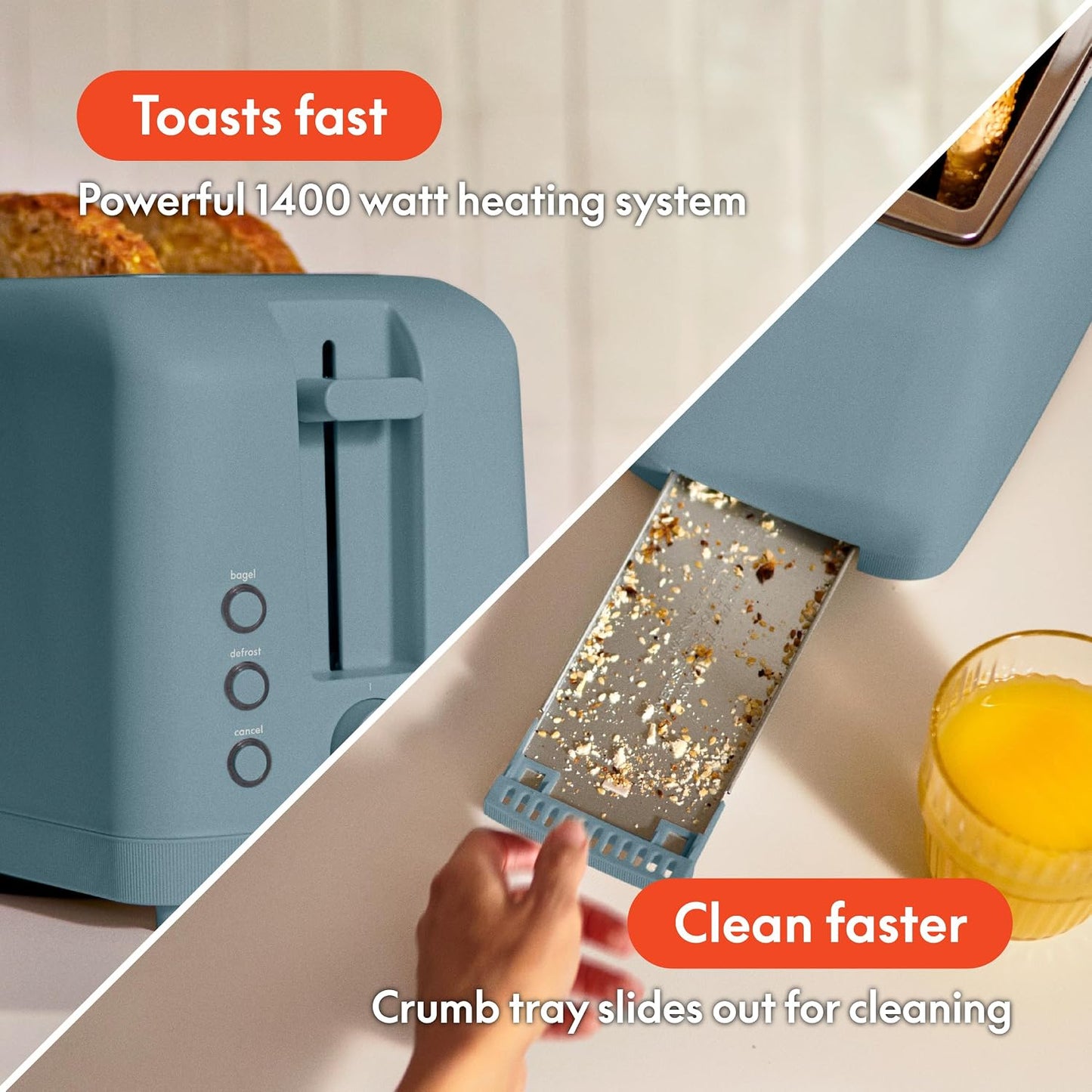 bella Fits-Anywhere™ Slim Toaster, 2 Slice Extra Long & Wide Slot, Oatmilk