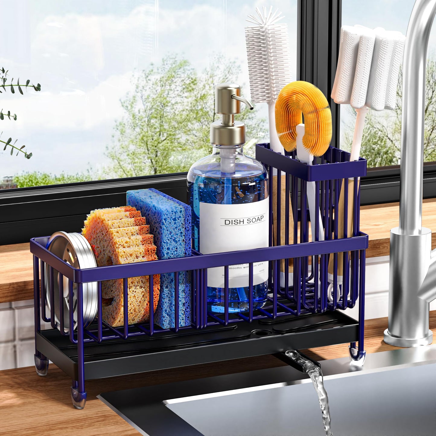 Cisily Sponge Holder for Kitchen Sink, Sink Caddy Organizer with High Brush Holder, Kitchen Countertop Organizers and Storage Essentials, Rustproof 304 Stainless Steel (Black, 9.25″)