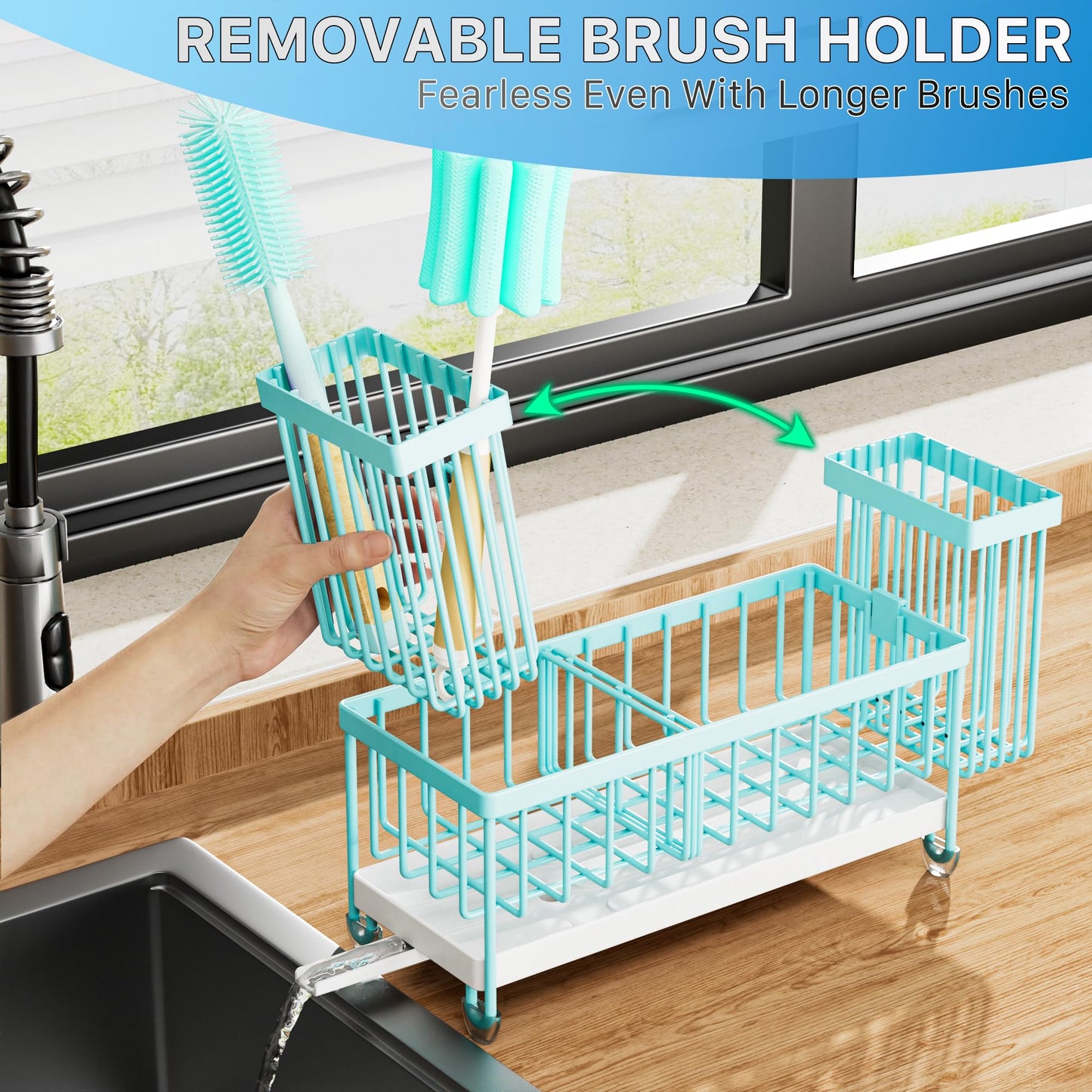 Cisily Sponge Holder for Kitchen Sink, Sink Caddy Organizer with High Brush Holder, Kitchen Countertop Organizers and Storage Essentials, Rustproof 304 Stainless Steel (Black, 9.25″)