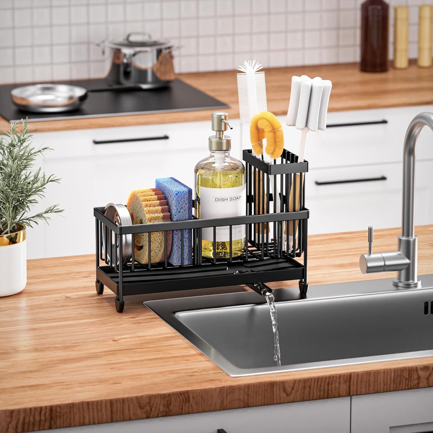 Cisily Sponge Holder for Kitchen Sink, Sink Caddy Organizer with High Brush Holder, Kitchen Countertop Organizers and Storage Essentials, Rustproof 304 Stainless Steel (Black, 9.25″)