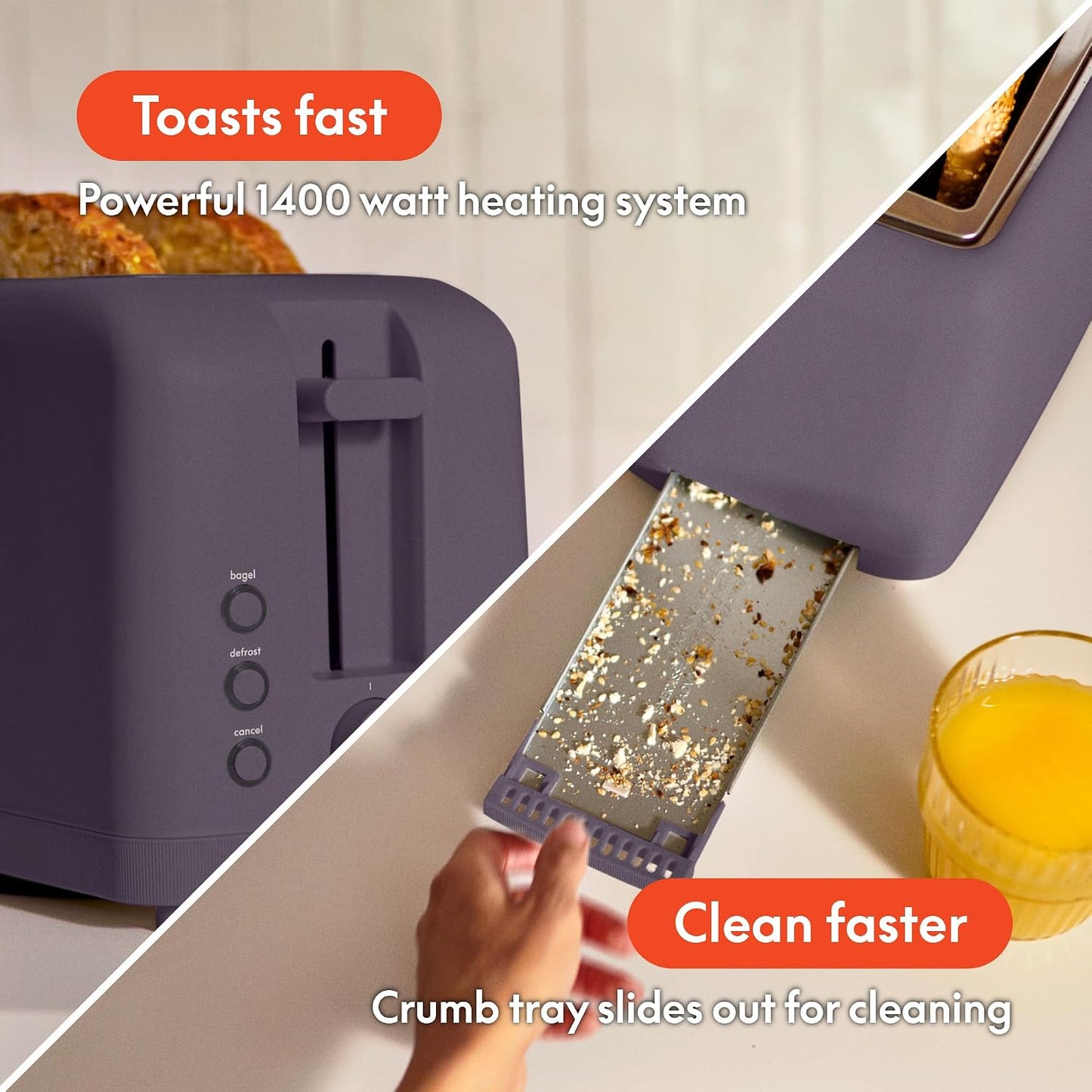 bella Fits-Anywhere™ Slim Toaster, 2 Slice Extra Long & Wide Slot, Oatmilk