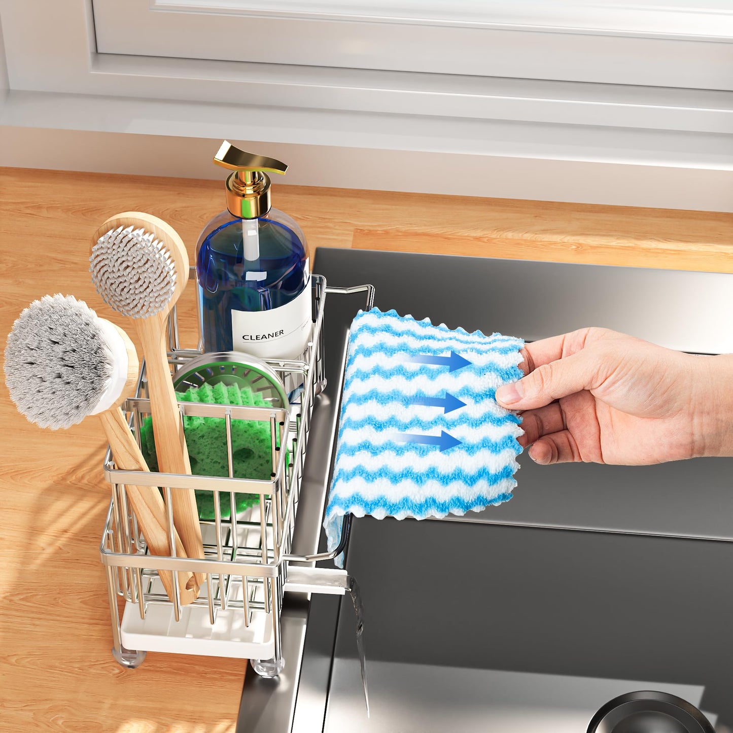 Cisily Sponge Holder for Kitchen Sink, Sink Caddy Organizer with High Brush Holder, Kitchen Countertop Organizers and Storage Essentials, Rustproof 304 Stainless Steel (Black, 9.25″)