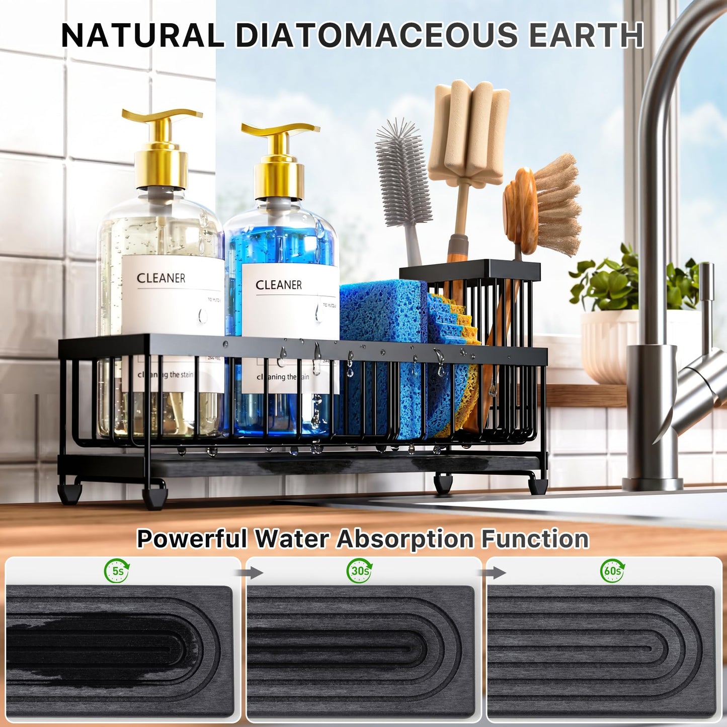 Cisily Sponge Holder for Kitchen Sink, Sink Caddy Organizer with High Brush Holder, Kitchen Countertop Organizers and Storage Essentials, Rustproof 304 Stainless Steel (Black, 9.25″)