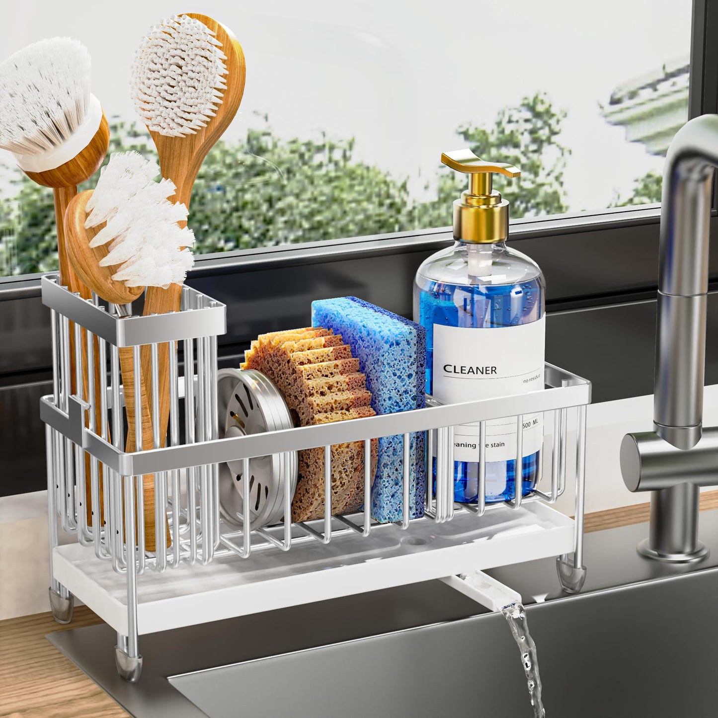 Cisily Sponge Holder for Kitchen Sink, Sink Caddy Organizer with High Brush Holder, Kitchen Countertop Organizers and Storage Essentials, Rustproof 304 Stainless Steel (Black, 9.25″)
