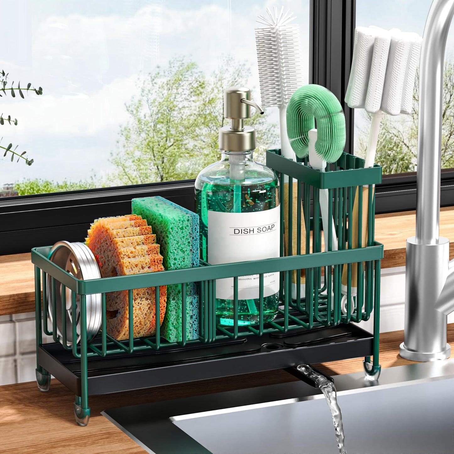 Cisily Sponge Holder for Kitchen Sink, Sink Caddy Organizer with High Brush Holder, Kitchen Countertop Organizers and Storage Essentials, Rustproof 304 Stainless Steel (Black, 9.25″)