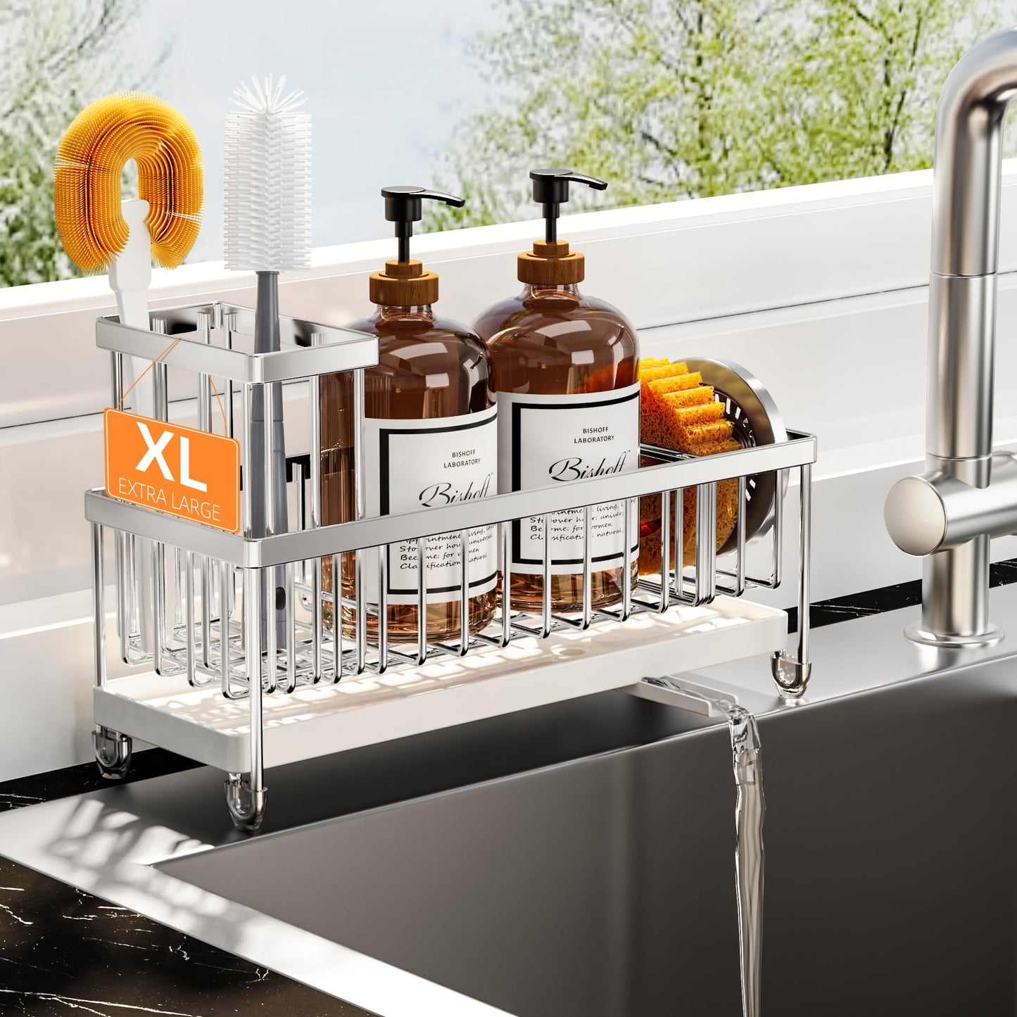 Cisily Sponge Holder for Kitchen Sink, Sink Caddy Organizer with High Brush Holder, Kitchen Countertop Organizers and Storage Essentials, Rustproof 304 Stainless Steel (Black, 9.25″)