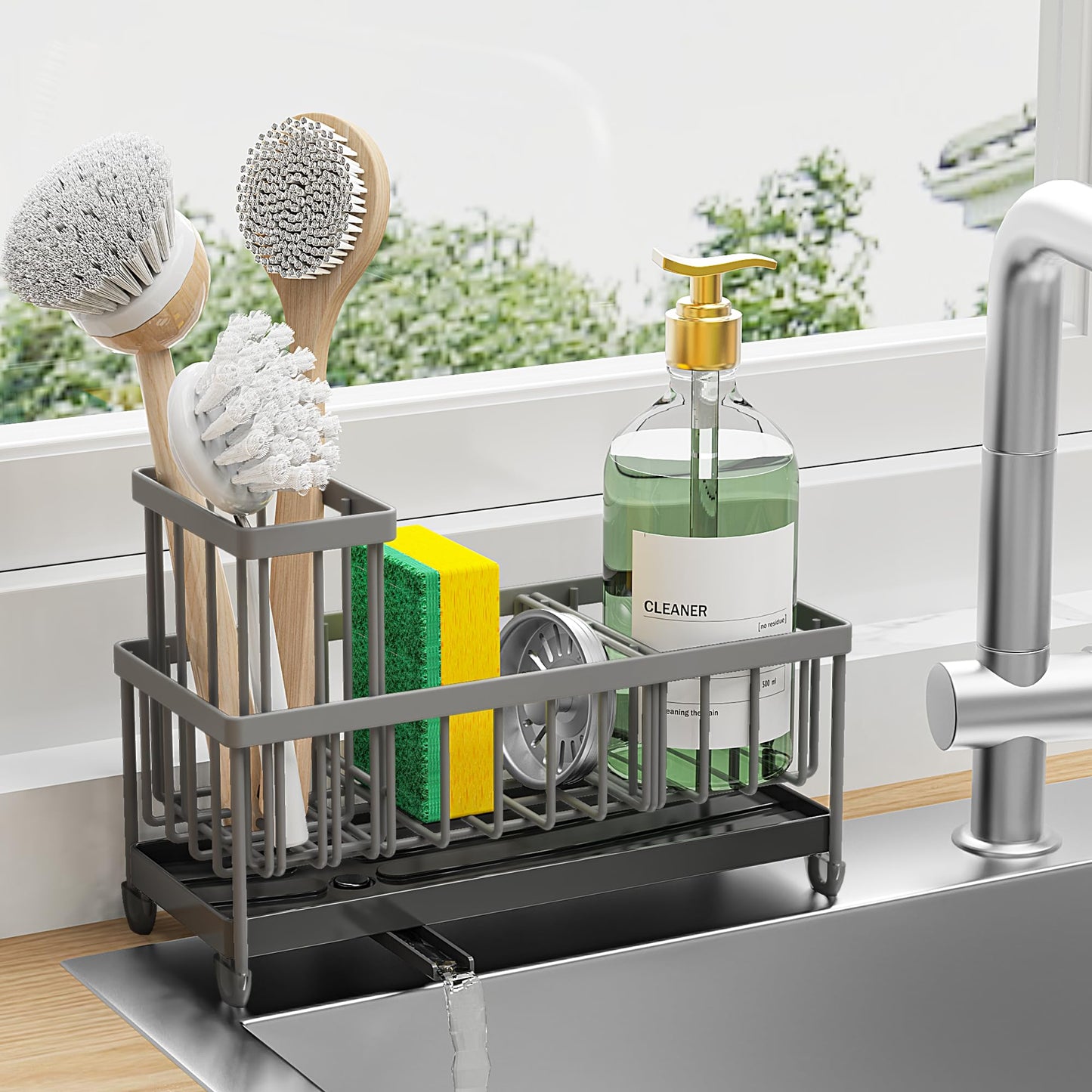 Cisily Sponge Holder for Kitchen Sink, Sink Caddy Organizer with High Brush Holder, Kitchen Countertop Organizers and Storage Essentials, Rustproof 304 Stainless Steel (Black, 9.25″)