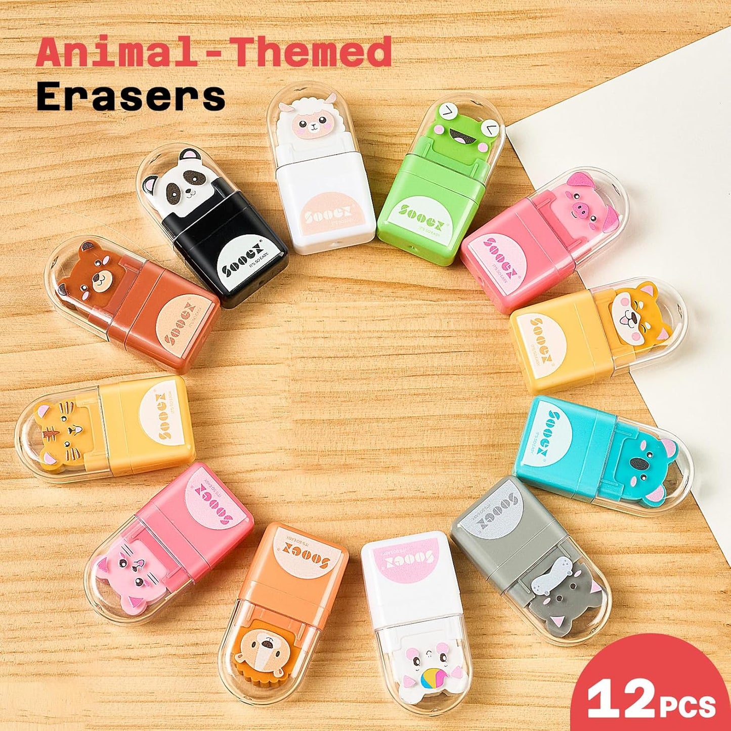 Sooez 12 Pack Pencil Erasers, Cute Animal Eraser with Clean up Roller and Cover, Latex-Free, Bulk Art Drawing Erasers for Students & Teacher Classroom/School Supplies, Party Favor