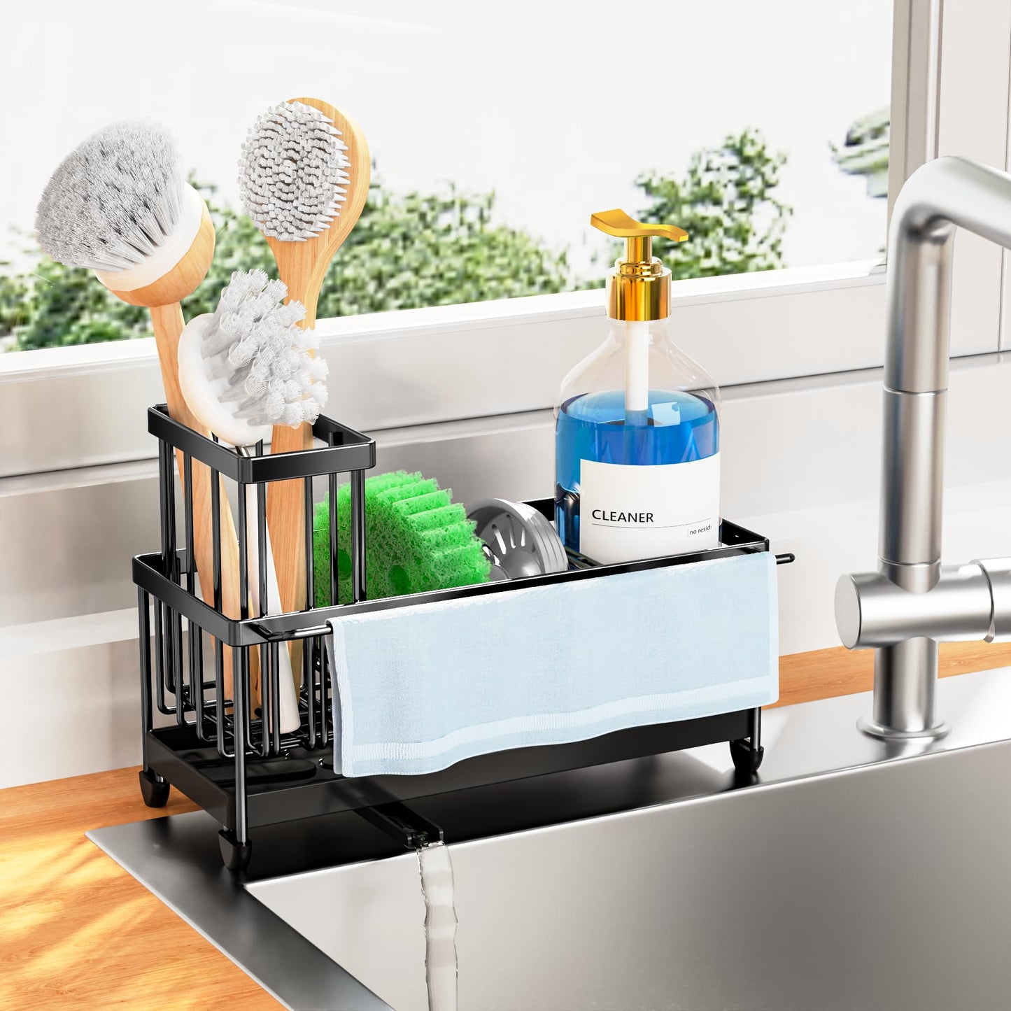 Cisily Sponge Holder for Kitchen Sink, Sink Caddy Organizer with High Brush Holder, Kitchen Countertop Organizers and Storage Essentials, Rustproof 304 Stainless Steel (Black, 9.25″)