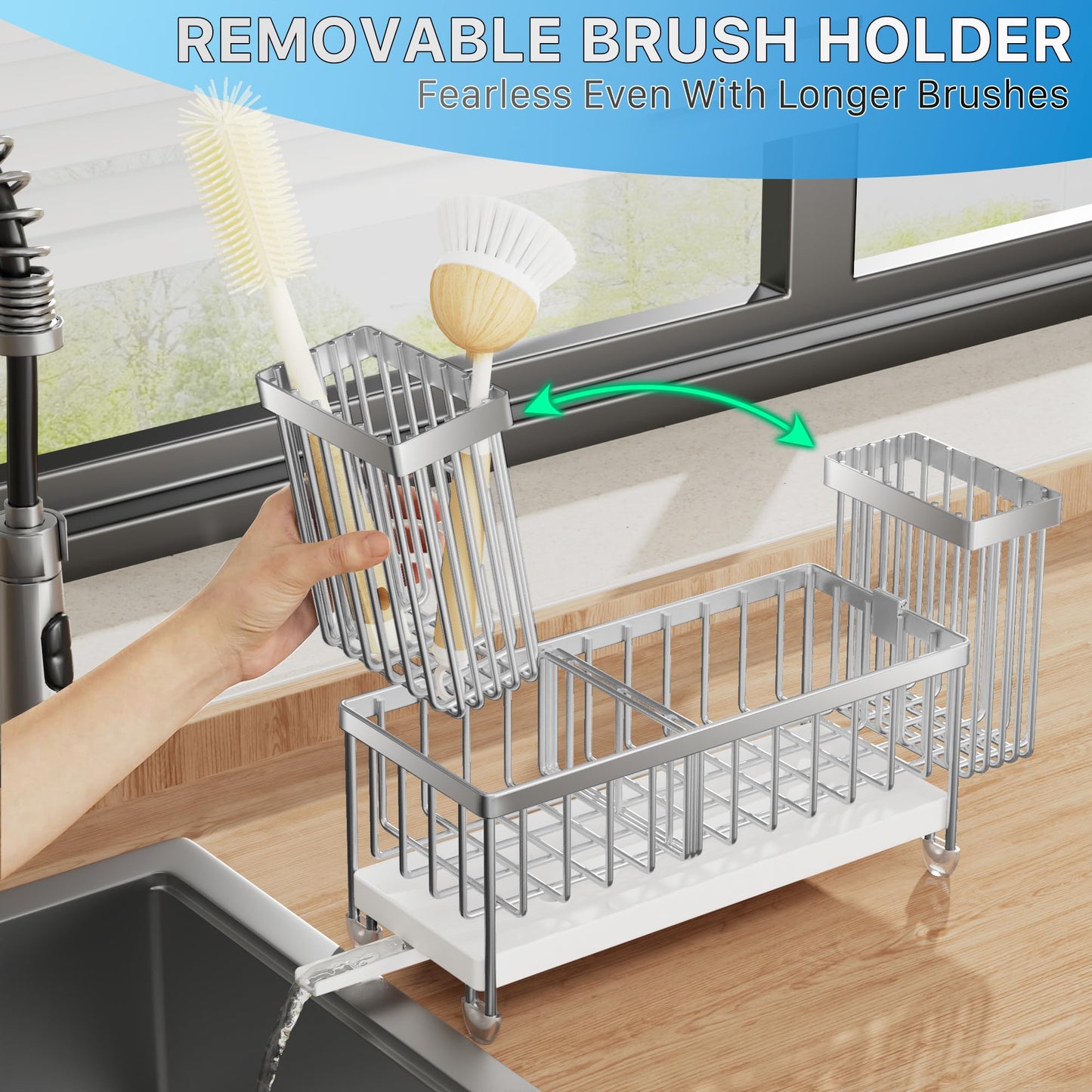 Cisily Sponge Holder for Kitchen Sink, Sink Caddy Organizer with High Brush Holder, Kitchen Countertop Organizers and Storage Essentials, Rustproof 304 Stainless Steel (Black, 9.25″)