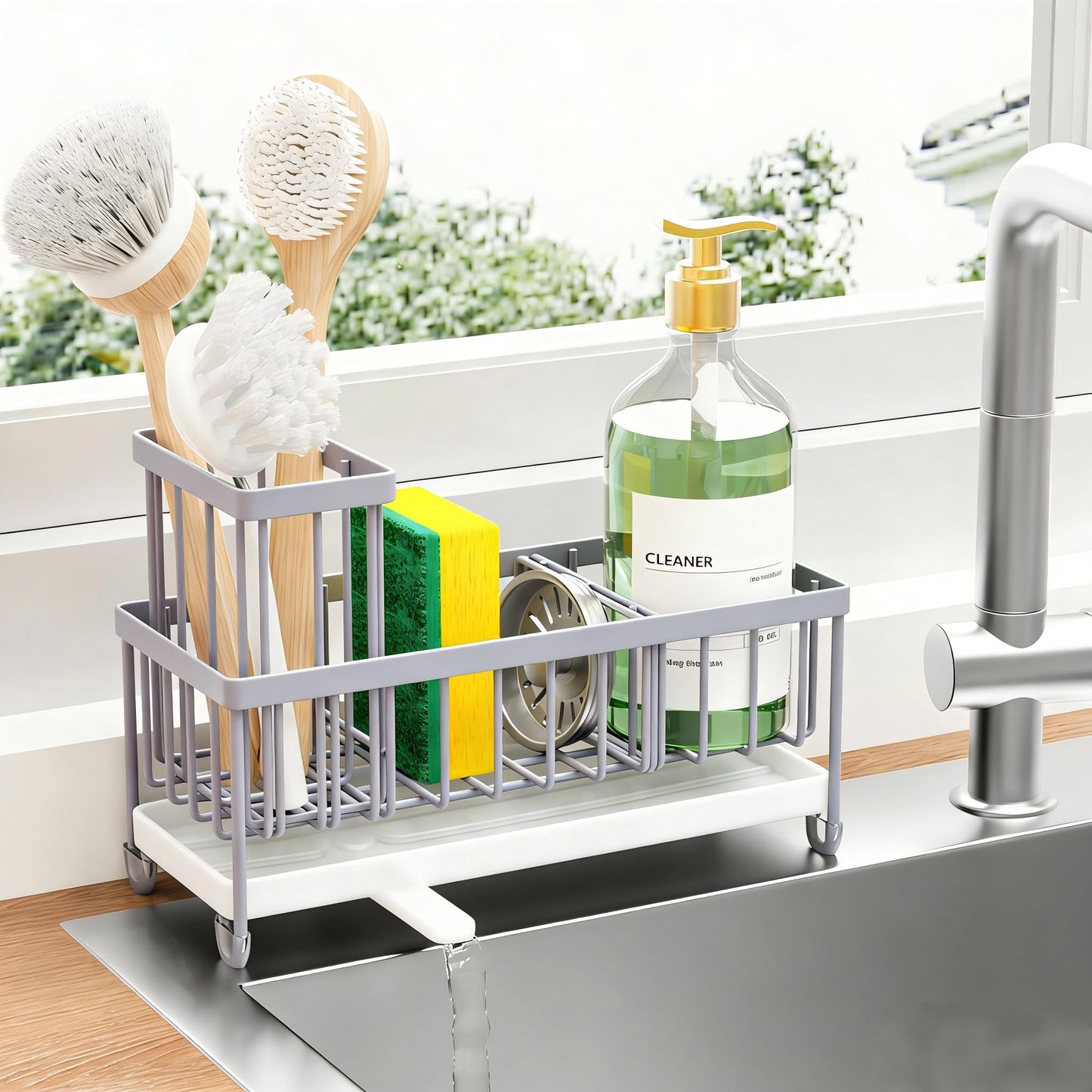 Cisily Sponge Holder for Kitchen Sink, Sink Caddy Organizer with High Brush Holder, Kitchen Countertop Organizers and Storage Essentials, Rustproof 304 Stainless Steel (Black, 9.25″)