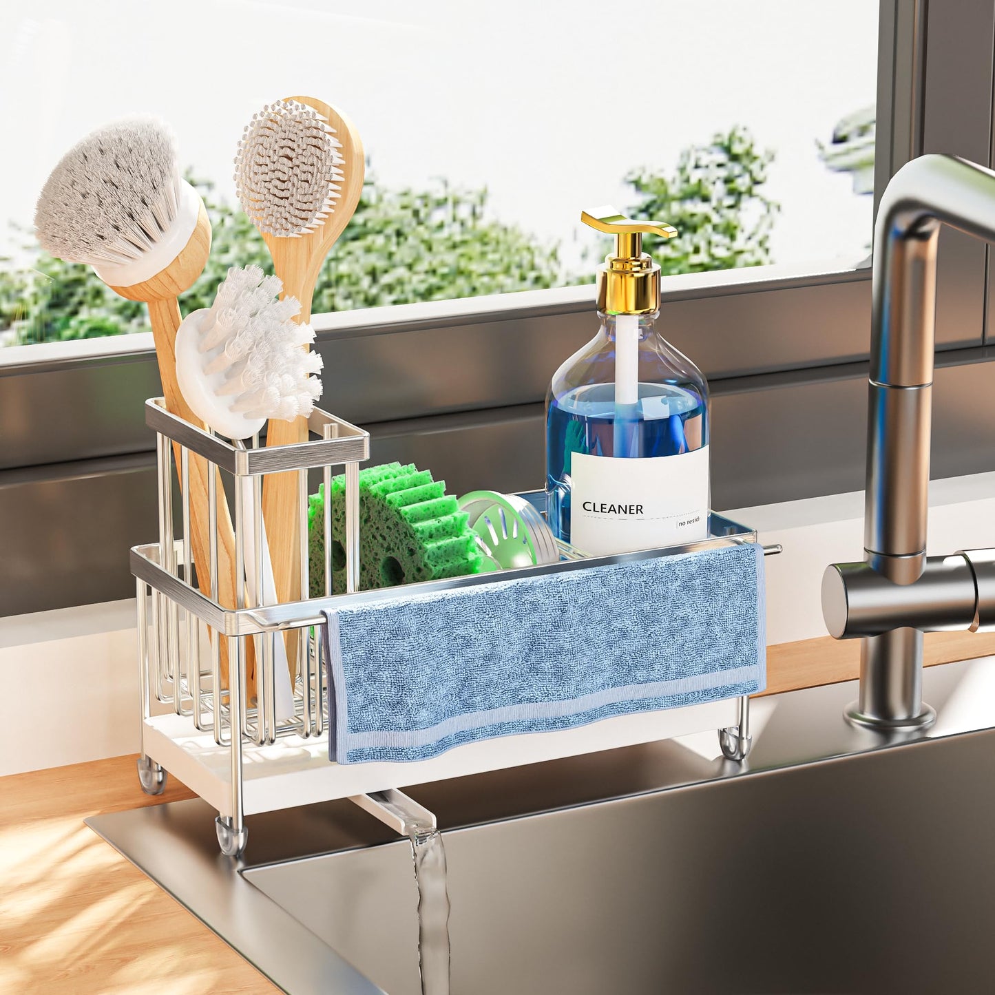 Cisily Sponge Holder for Kitchen Sink, Sink Caddy Organizer with High Brush Holder, Kitchen Countertop Organizers and Storage Essentials, Rustproof 304 Stainless Steel (Black, 9.25″)