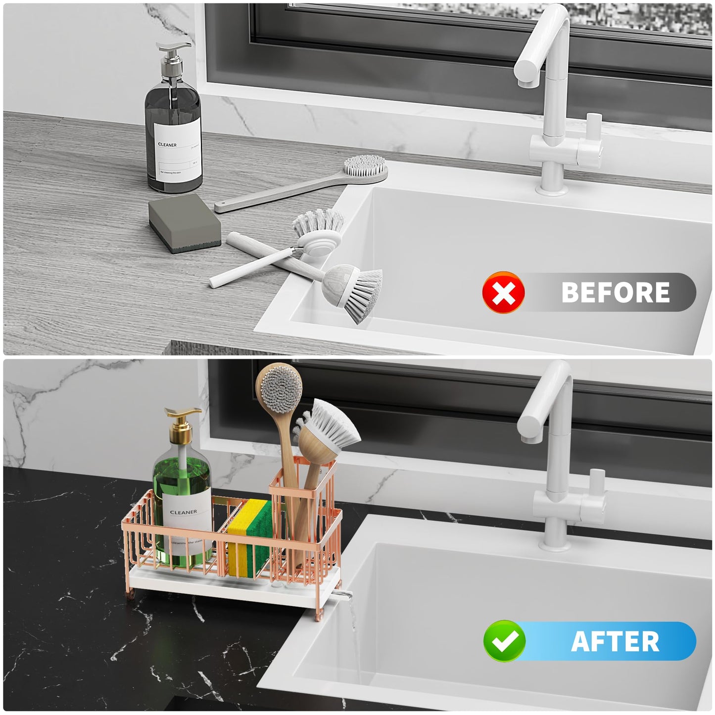 Cisily Sponge Holder for Kitchen Sink, Sink Caddy Organizer with High Brush Holder, Kitchen Countertop Organizers and Storage Essentials, Rustproof 304 Stainless Steel (Black, 9.25″)