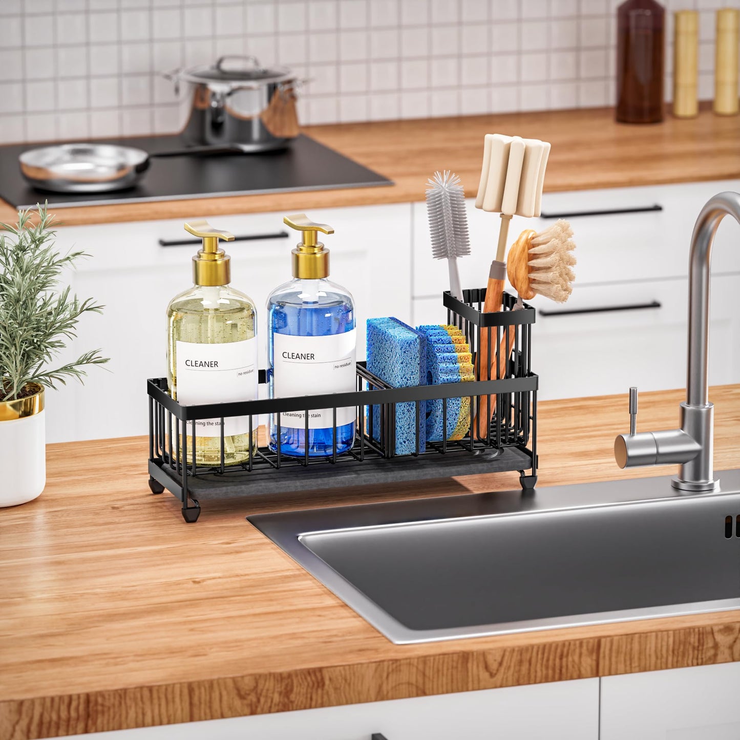 Cisily Sponge Holder for Kitchen Sink, Sink Caddy Organizer with High Brush Holder, Kitchen Countertop Organizers and Storage Essentials, Rustproof 304 Stainless Steel (Black, 9.25″)