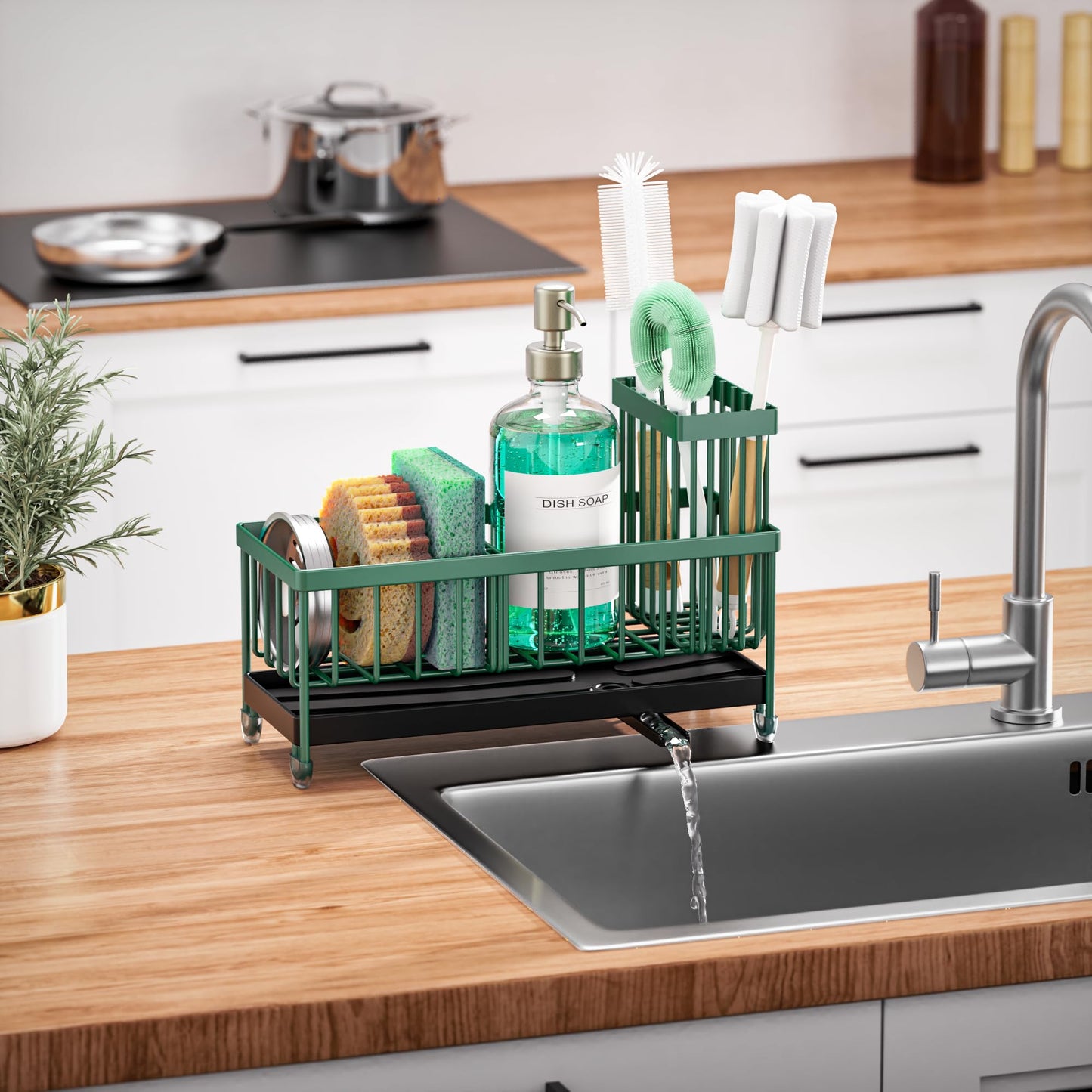 Cisily Sponge Holder for Kitchen Sink, Sink Caddy Organizer with High Brush Holder, Kitchen Countertop Organizers and Storage Essentials, Rustproof 304 Stainless Steel (Black, 9.25″)