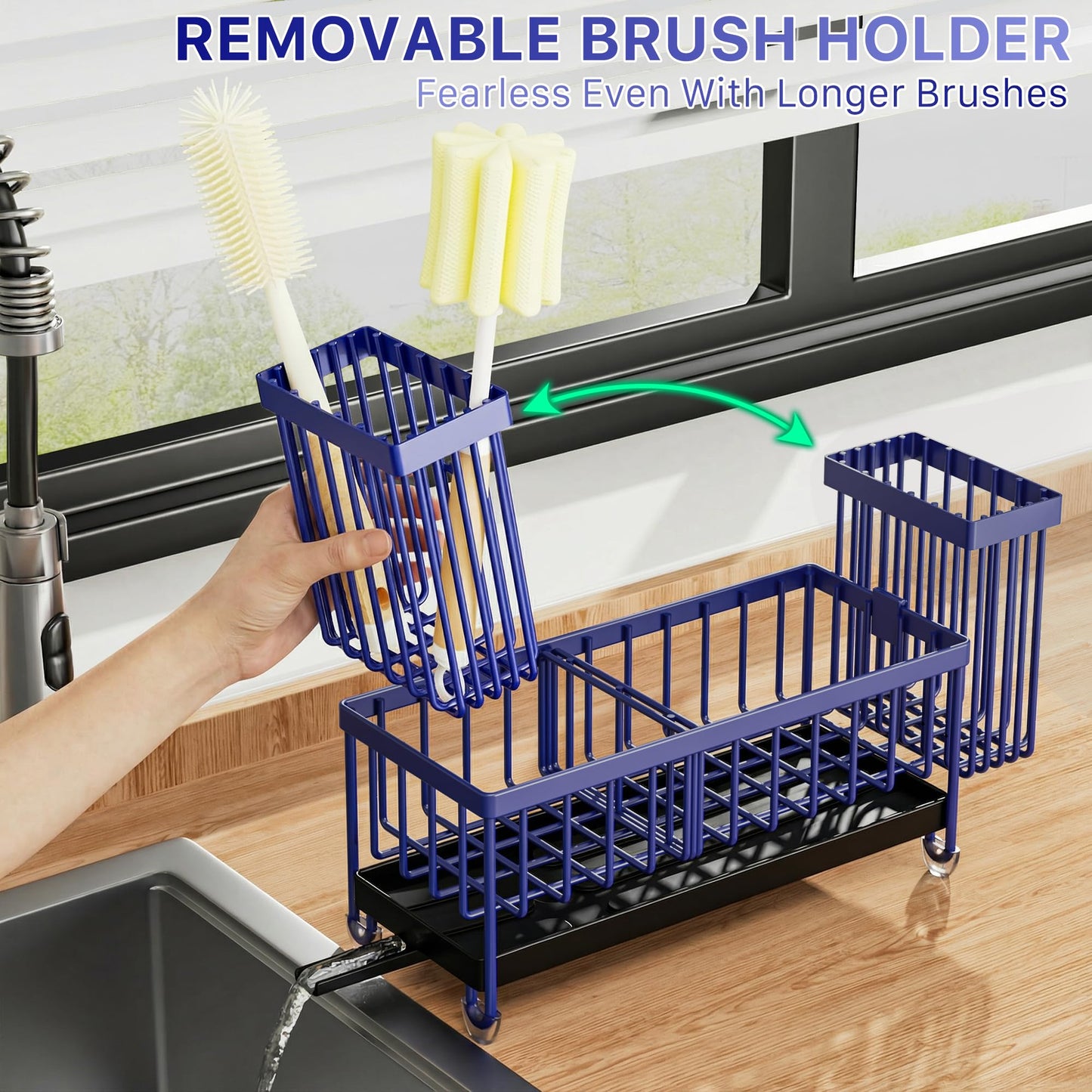 Cisily Sponge Holder for Kitchen Sink, Sink Caddy Organizer with High Brush Holder, Kitchen Countertop Organizers and Storage Essentials, Rustproof 304 Stainless Steel (Black, 9.25″)
