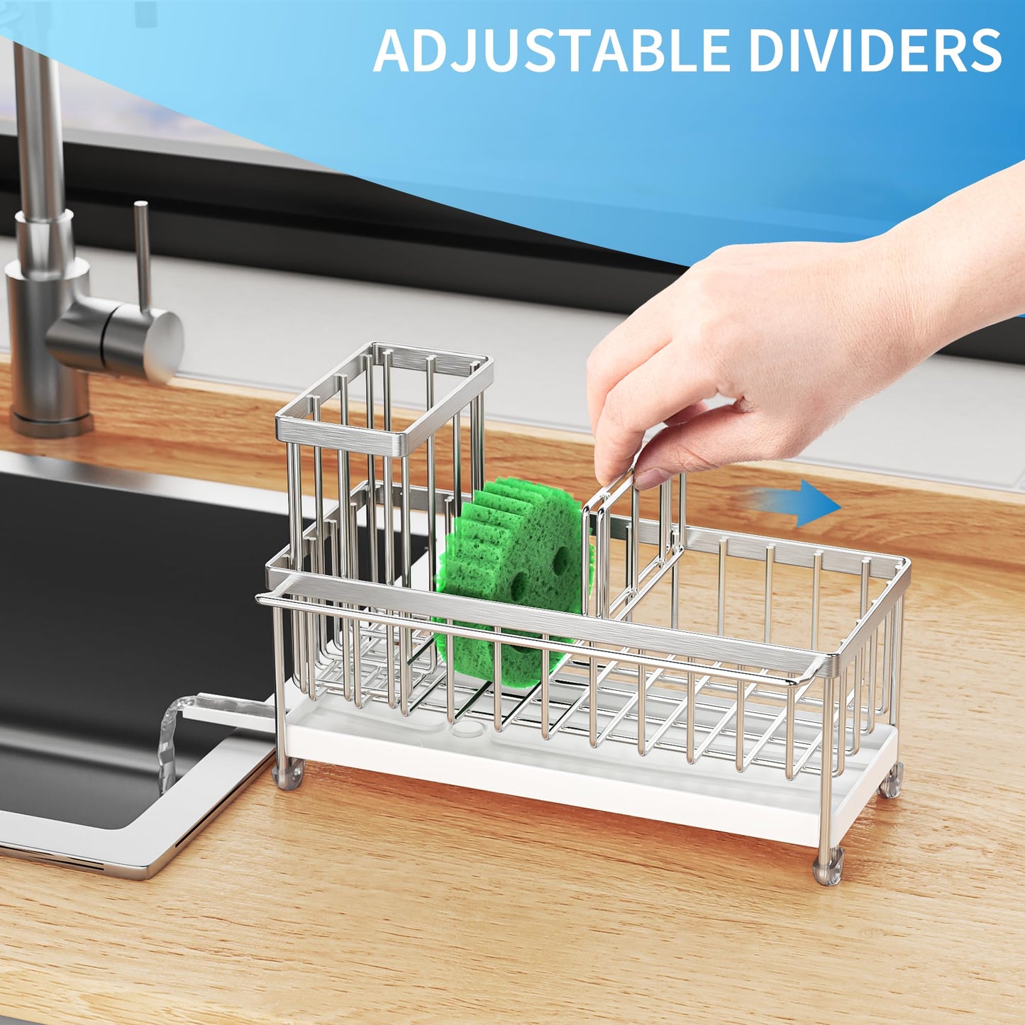 Cisily Sponge Holder for Kitchen Sink, Sink Caddy Organizer with High Brush Holder, Kitchen Countertop Organizers and Storage Essentials, Rustproof 304 Stainless Steel (Black, 9.25″)