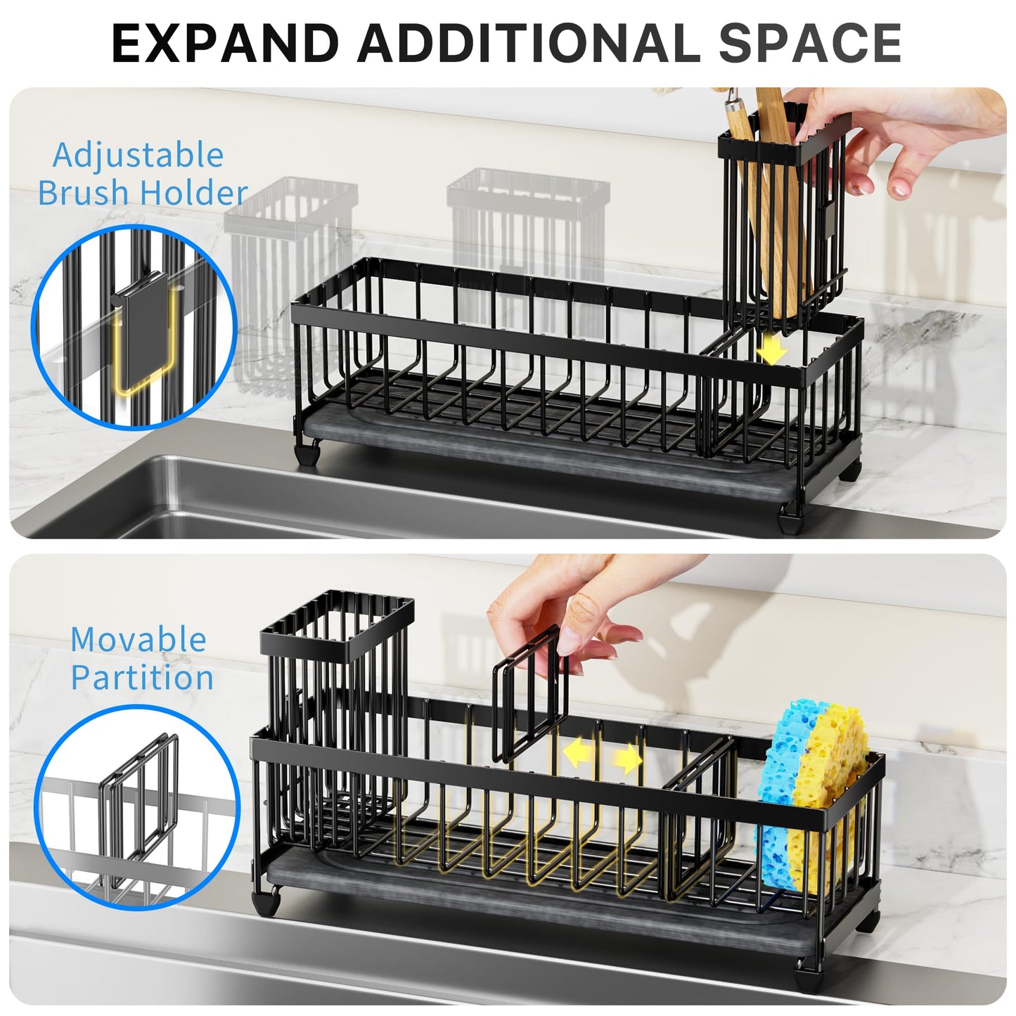 Cisily Sponge Holder for Kitchen Sink, Sink Caddy Organizer with High Brush Holder, Kitchen Countertop Organizers and Storage Essentials, Rustproof 304 Stainless Steel (Black, 9.25″)
