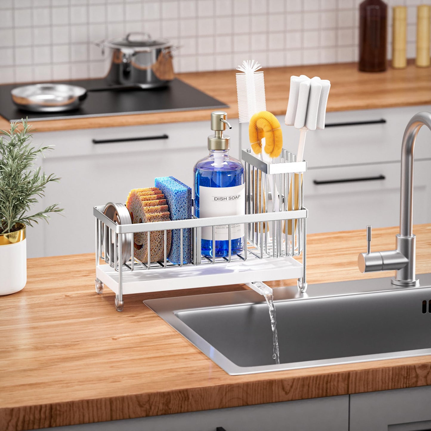 Cisily Sponge Holder for Kitchen Sink, Sink Caddy Organizer with High Brush Holder, Kitchen Countertop Organizers and Storage Essentials, Rustproof 304 Stainless Steel (Black, 9.25″)
