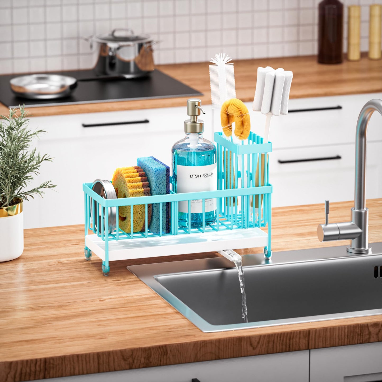 Cisily Sponge Holder for Kitchen Sink, Sink Caddy Organizer with High Brush Holder, Kitchen Countertop Organizers and Storage Essentials, Rustproof 304 Stainless Steel (Black, 9.25″)