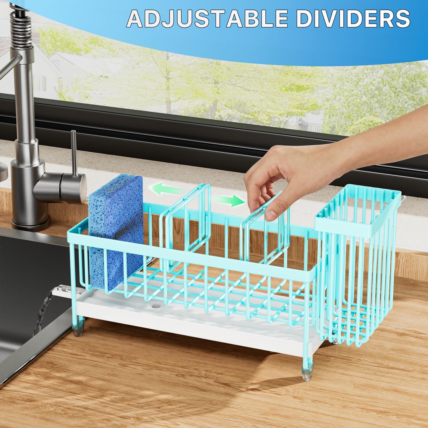 Cisily Sponge Holder for Kitchen Sink, Sink Caddy Organizer with High Brush Holder, Kitchen Countertop Organizers and Storage Essentials, Rustproof 304 Stainless Steel (Black, 9.25″)