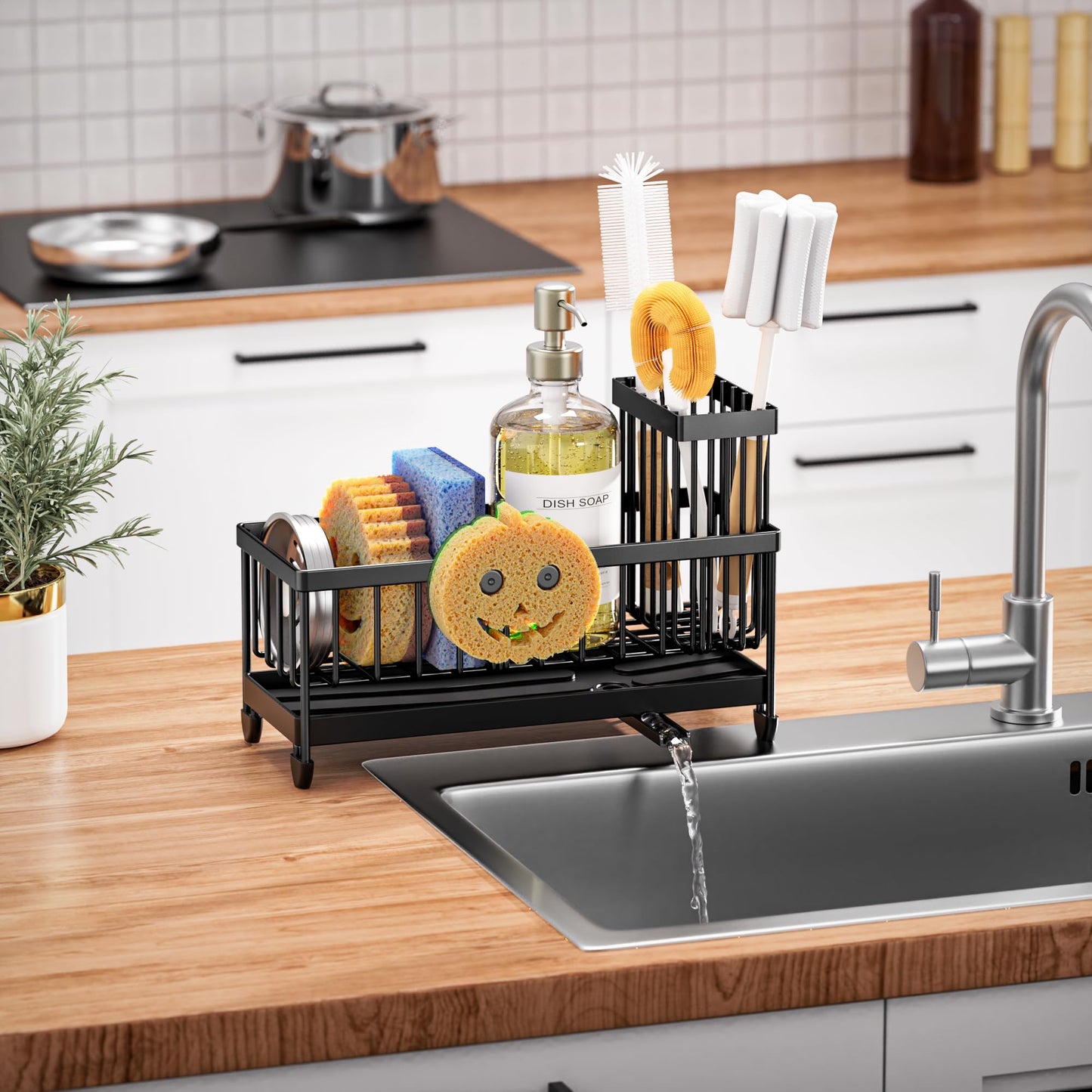 Cisily Sponge Holder for Kitchen Sink, Sink Caddy Organizer with High Brush Holder, Kitchen Countertop Organizers and Storage Essentials, Rustproof 304 Stainless Steel (Black, 9.25″)