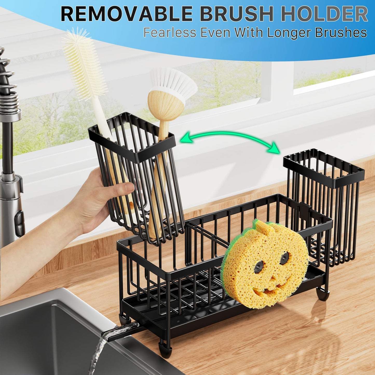 Cisily Sponge Holder for Kitchen Sink, Sink Caddy Organizer with High Brush Holder, Kitchen Countertop Organizers and Storage Essentials, Rustproof 304 Stainless Steel (Black, 9.25″)