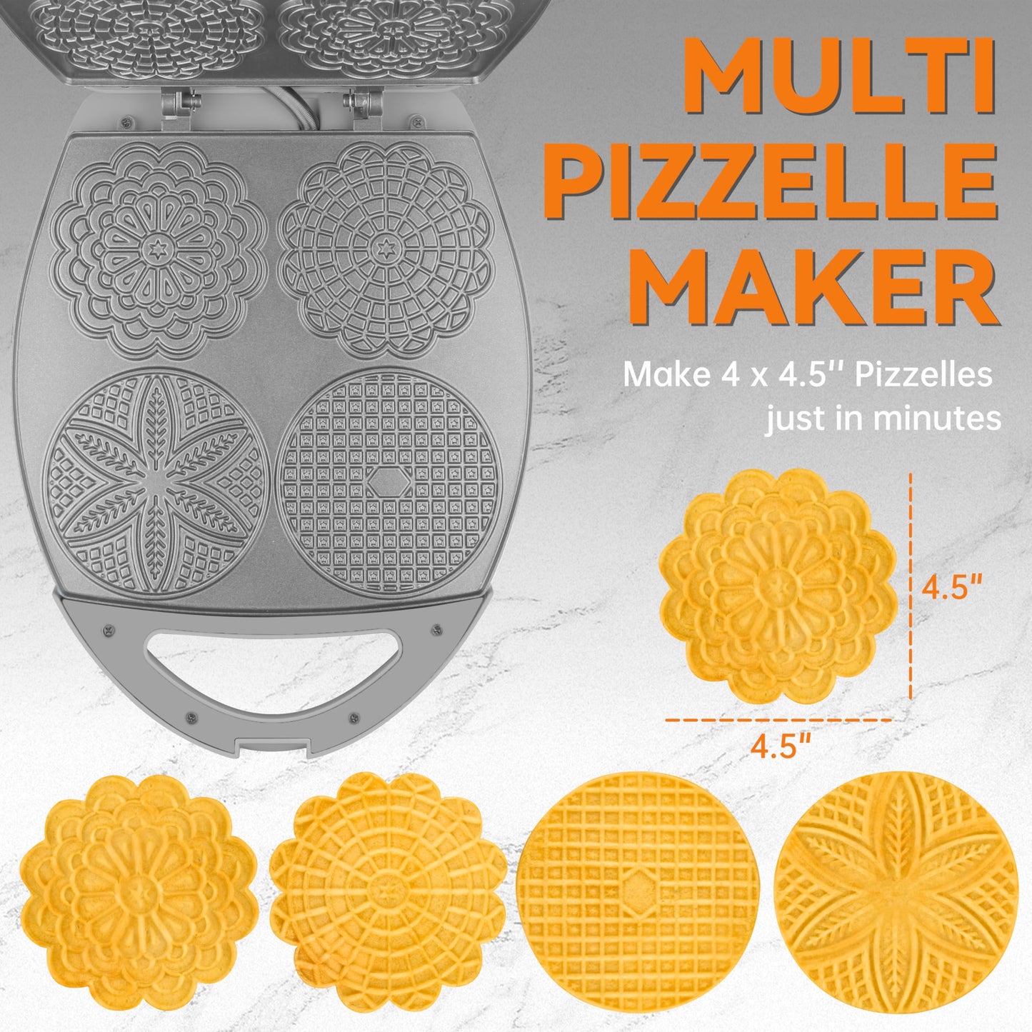 Baker's Friend Multi Pizzelle Maker Electric, Stroopwafel Iron, 4 x 4.5'' Pizzelle Waffle Cookies Maker with Temperature Control, Ideal for Holidays, Parties & More, Great Choice for Gift