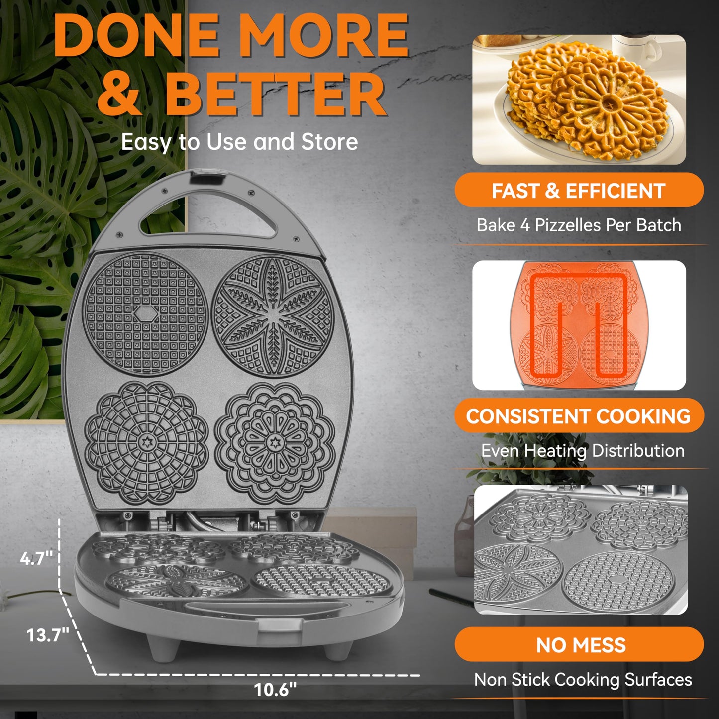 Baker's Friend Multi Pizzelle Maker Electric, Stroopwafel Iron, 4 x 4.5'' Pizzelle Waffle Cookies Maker with Temperature Control, Ideal for Holidays, Parties & More, Great Choice for Gift
