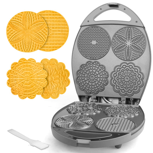 Baker's Friend Multi Pizzelle Maker Electric, Stroopwafel Iron, 4 x 4.5'' Pizzelle Waffle Cookies Maker with Temperature Control, Ideal for Holidays, Parties & More, Great Choice for Gift